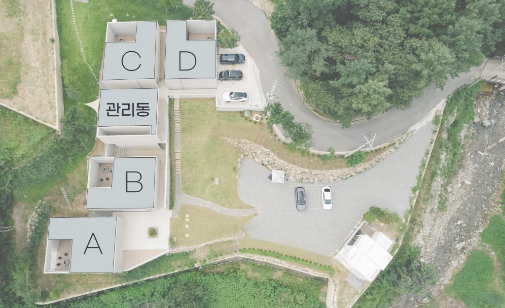 더 벙커 프로젝트 단지 항공 뷰 — A·B·C·D동 위치